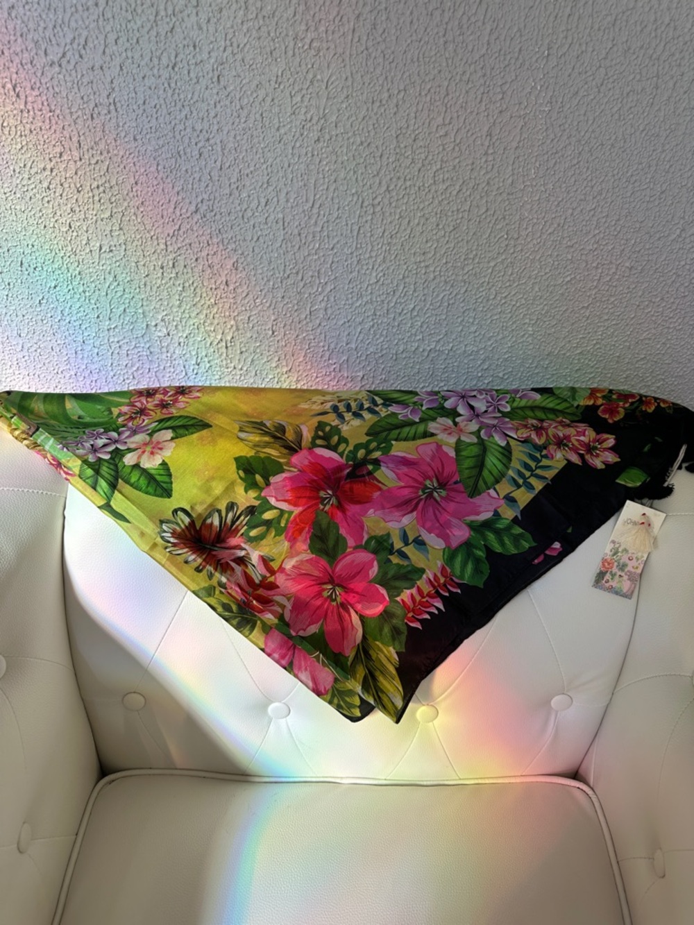 Johnny Was Amorina 100 Silk Scarf Tropical Floral Scarf-Yellow with Pink & Green - Picture 10 of 14